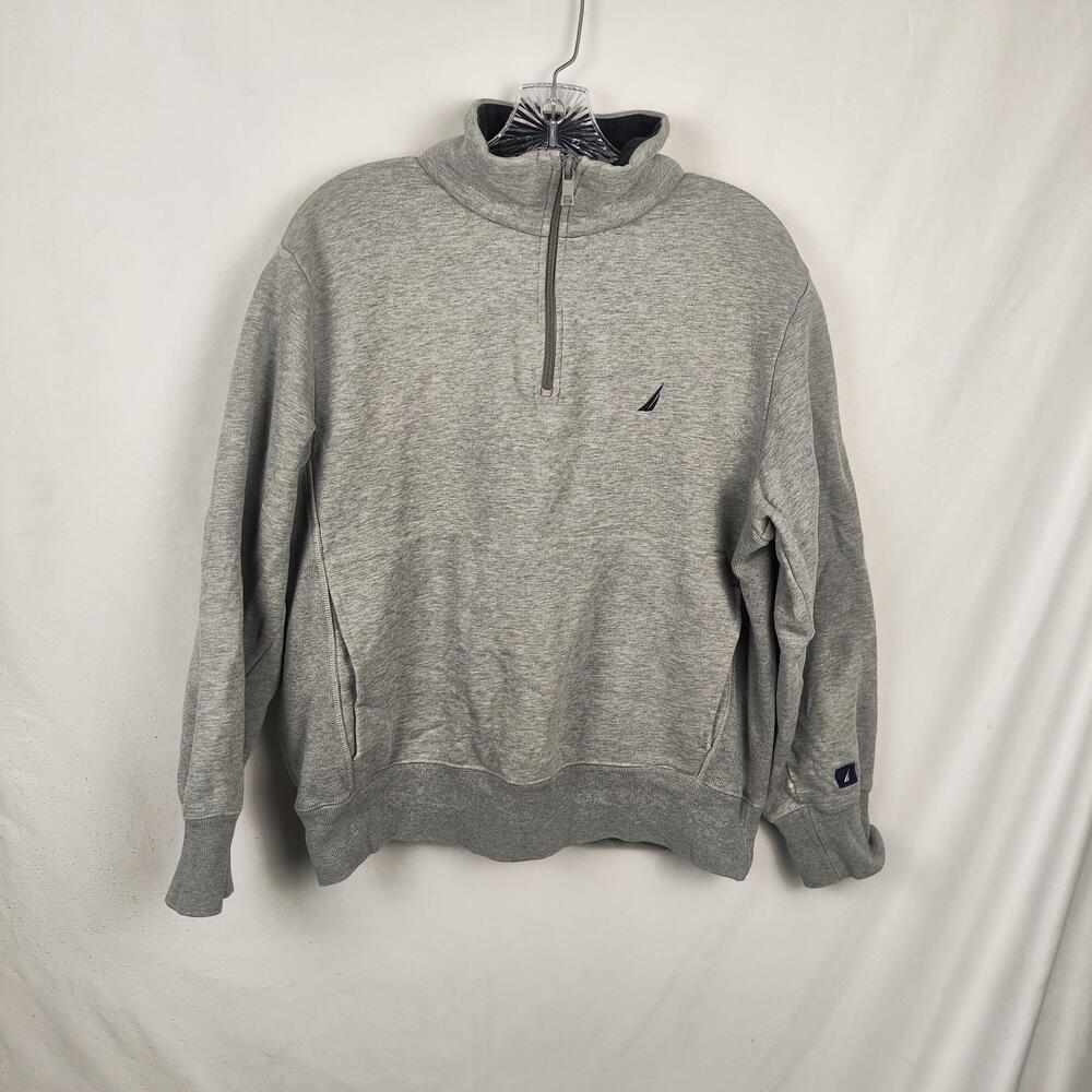 Nautica Sweatshirt Mens Small Gray 1/4 Zip Mock Neck Fleece Pocket Logo